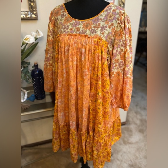 AMERICAN EAGLE ORANGE FLORAL BOHO PEASANT CUT OUT WESTERN FLOWY DRESS SZ L TALL - Picture 4 of 12